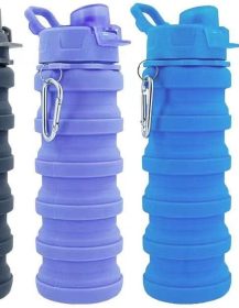 Collapsible Water Bottles 3 Pack Silicone Water Bottle with Carabiner BPA Free Expandable Water Bottle 500ml Portable Sport Water Bottle for Travel Camping. (Black+Purple+Blue)